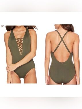 Michael Kors Olive Green Lace-Up One-Piece Swimsuit - Women Swim size 10, Summer
